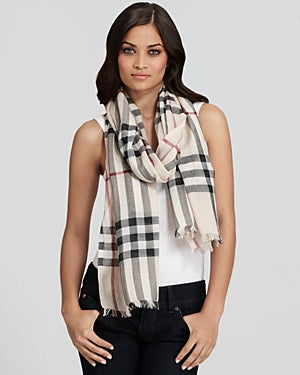 BURBERRY BEIGE GAUZE LIGHTWEIGHT GIANT CHECK SCARF
