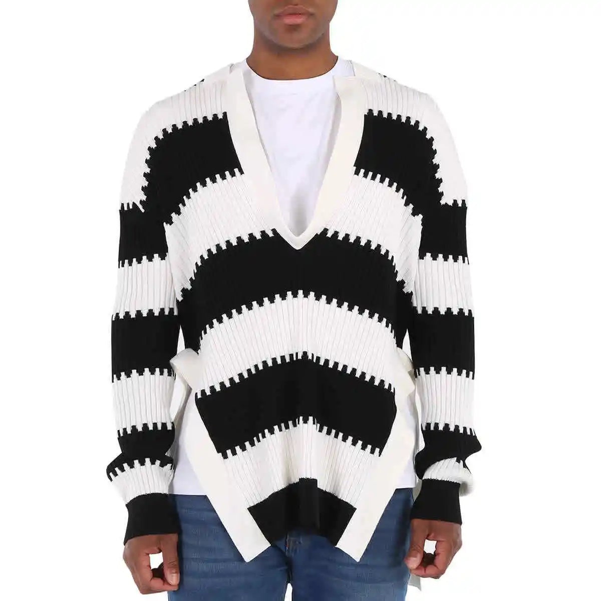 BURBERRY SIDE SLIT STRIPED RIB KNIT WOOL SWEATER UNISEX