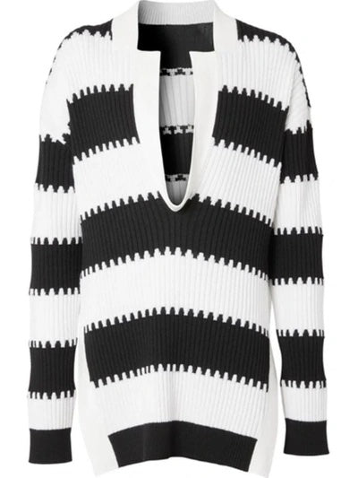 BURBERRY SIDE SLIT STRIPED RIB KNIT WOOL SWEATER UNISEX
