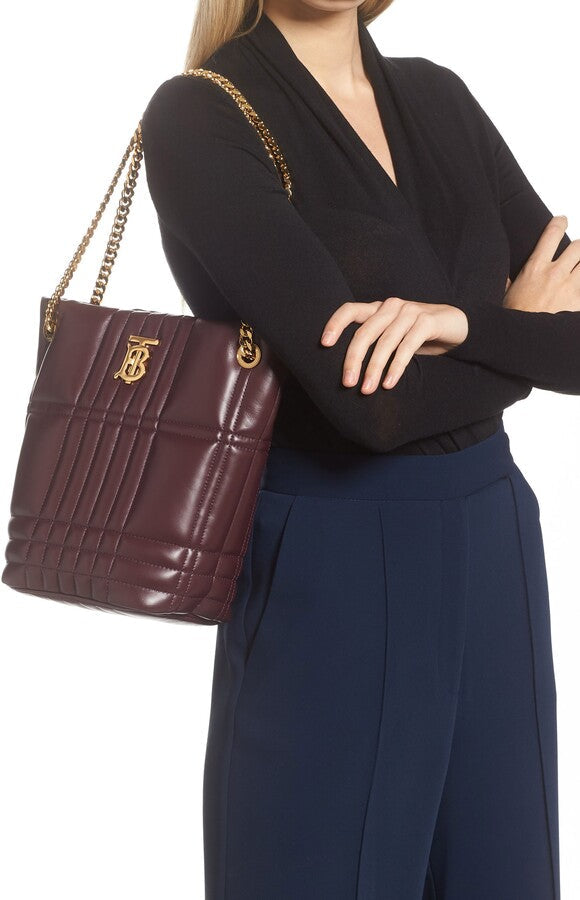 BURBERRY QUILTED CHECK LAMBSKIN LEATHER MEDIUM LOLA BUCKET BAG