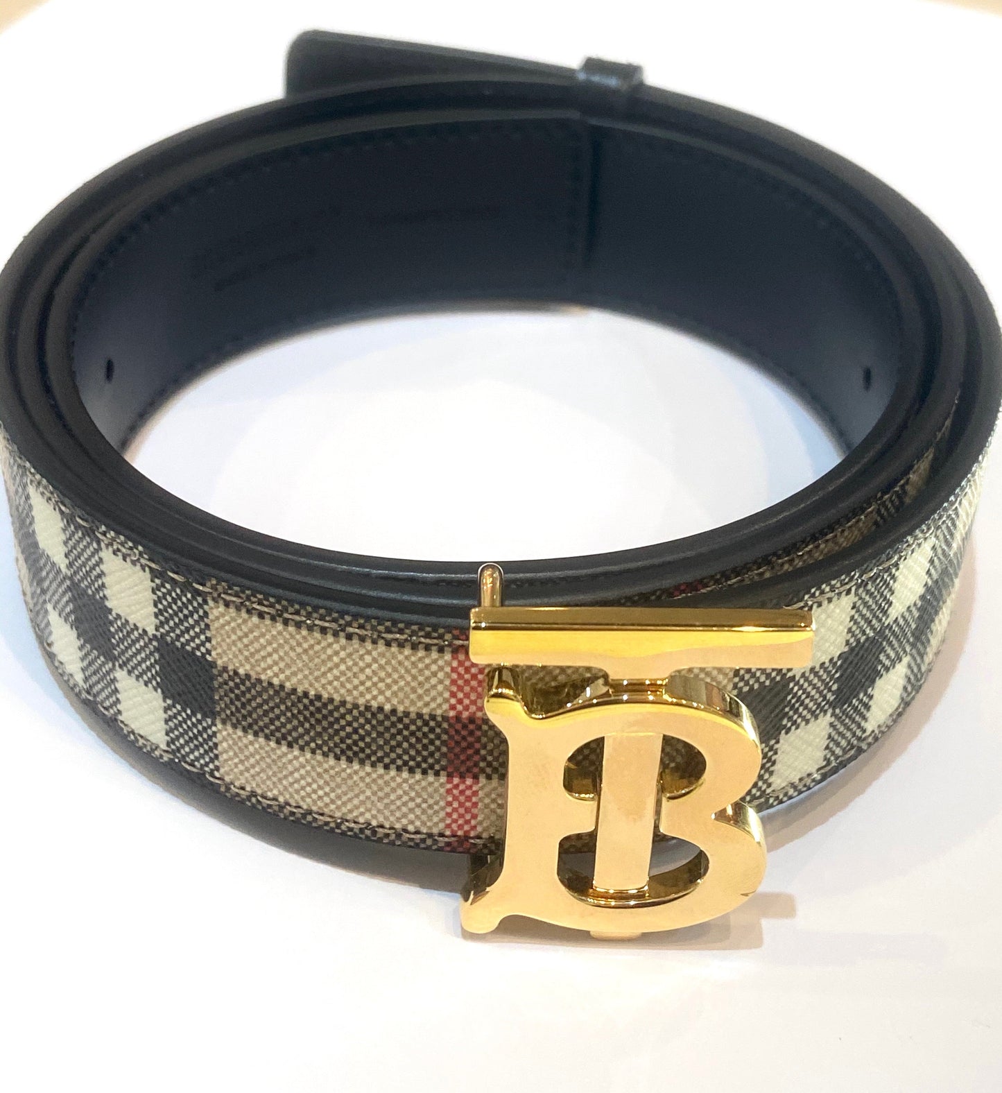 BURBERRY TB REVERSIBLE CHECK & LEATHER BELT