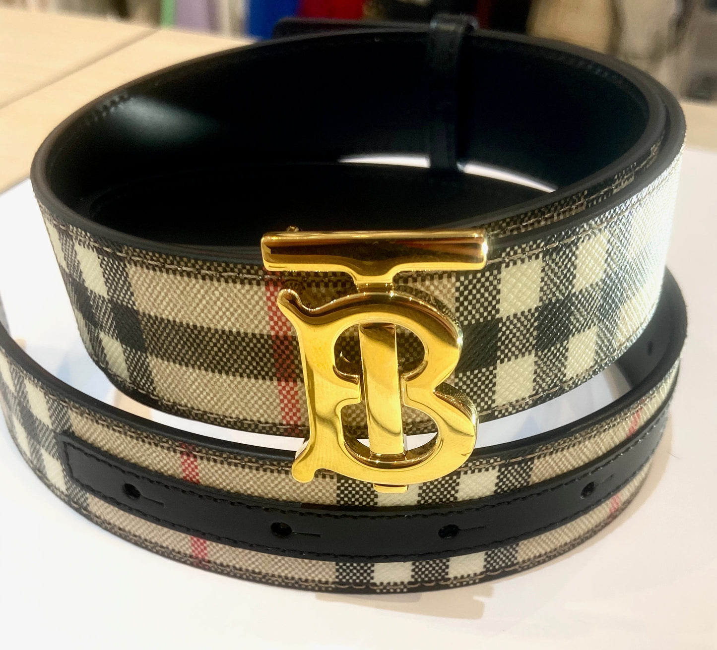 BURBERRY TB REVERSIBLE CHECK & LEATHER BELT