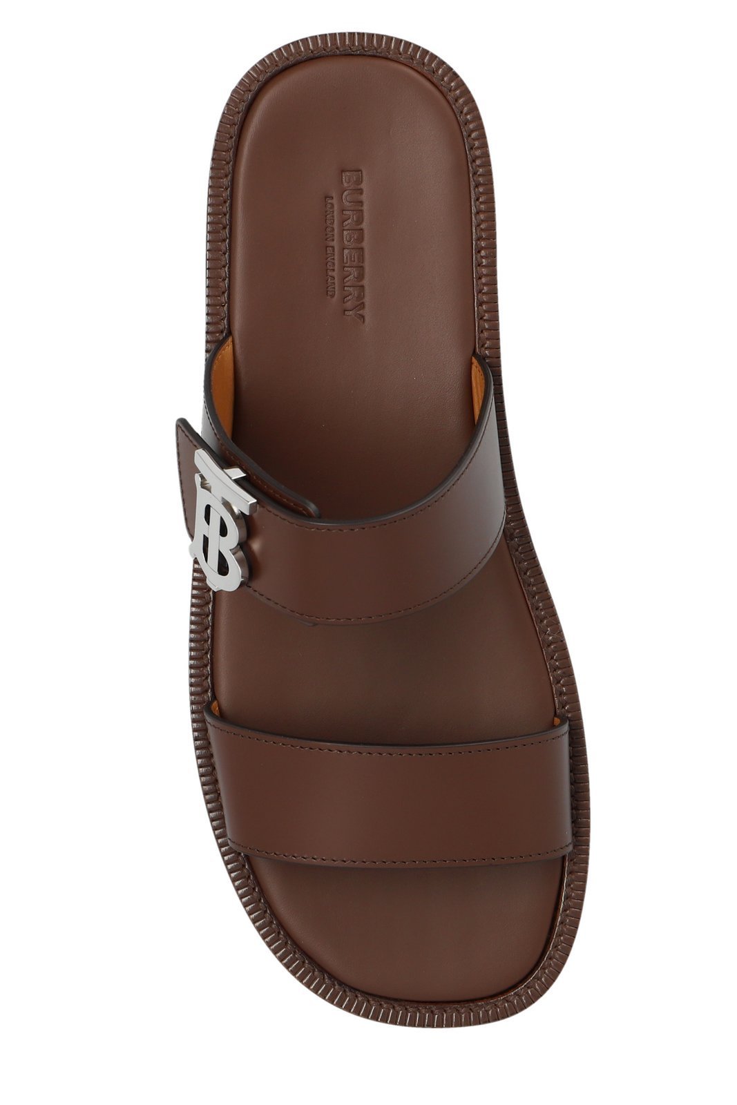 BURBERRY TONO TB LOGO PLAQUE LEATHER SLIDE SANDALS