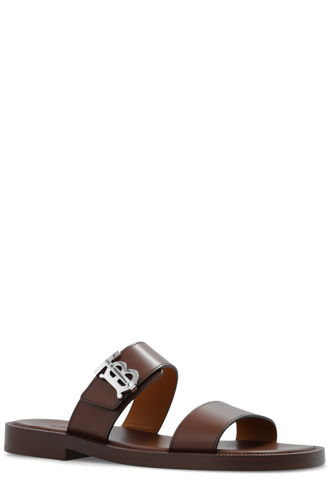 BURBERRY TONO TB LOGO PLAQUE LEATHER SLIDE SANDALS