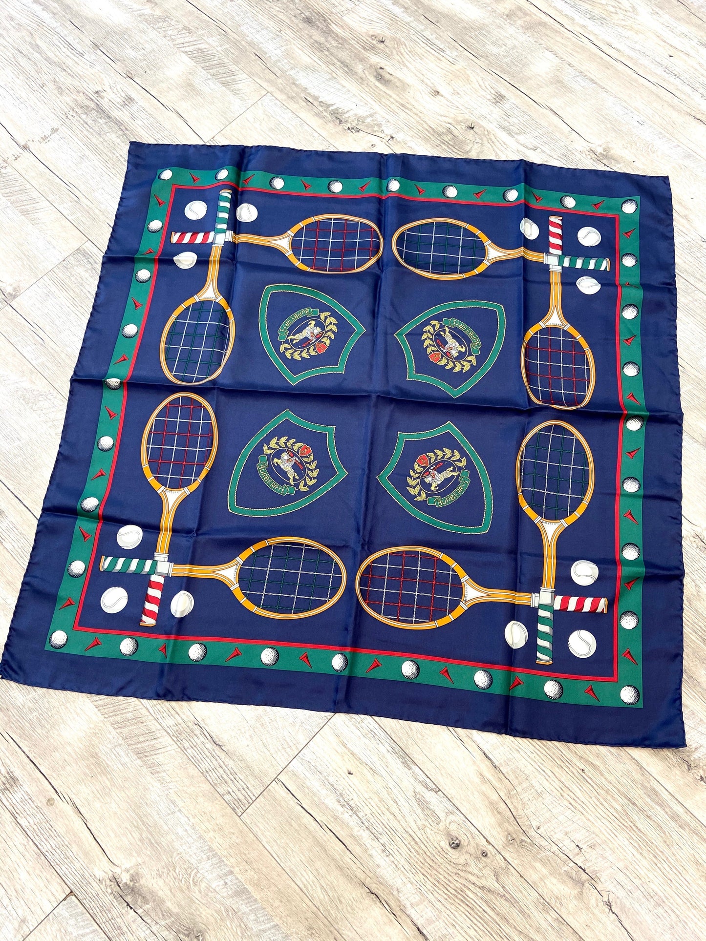 BURBERRY VINTAGE EQUESTRIAN KNIGHT TENNIS RACKET PRINT SILK SCARF