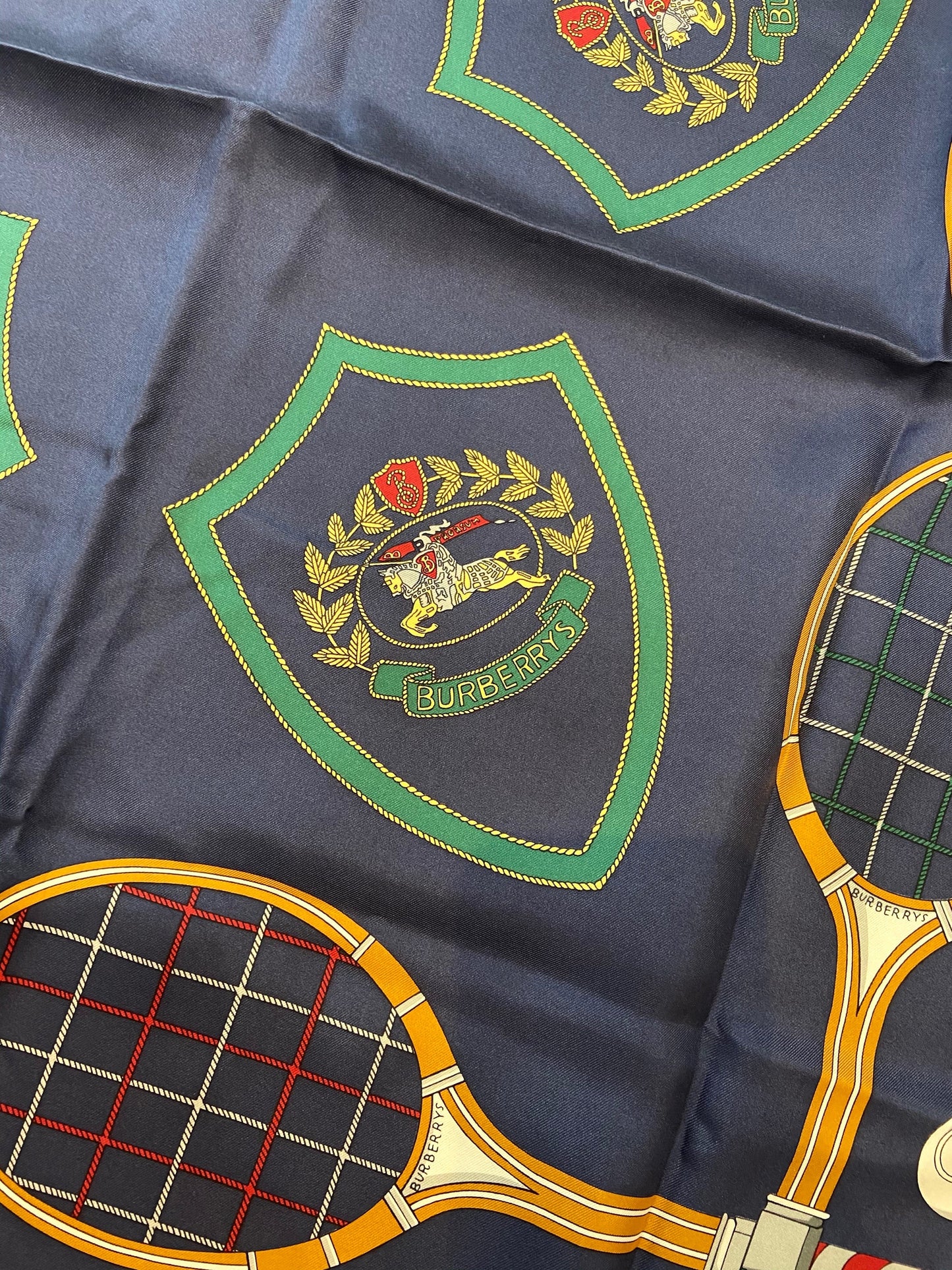 BURBERRY VINTAGE EQUESTRIAN KNIGHT TENNIS RACKET PRINT SILK SCARF