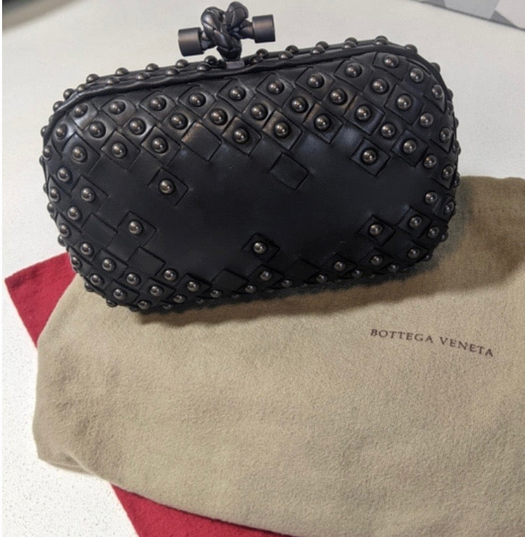 BOTTEGA VENETA WAXY NAPPA INTRECCIATO KNOT STUDDED CLUTCH BAG