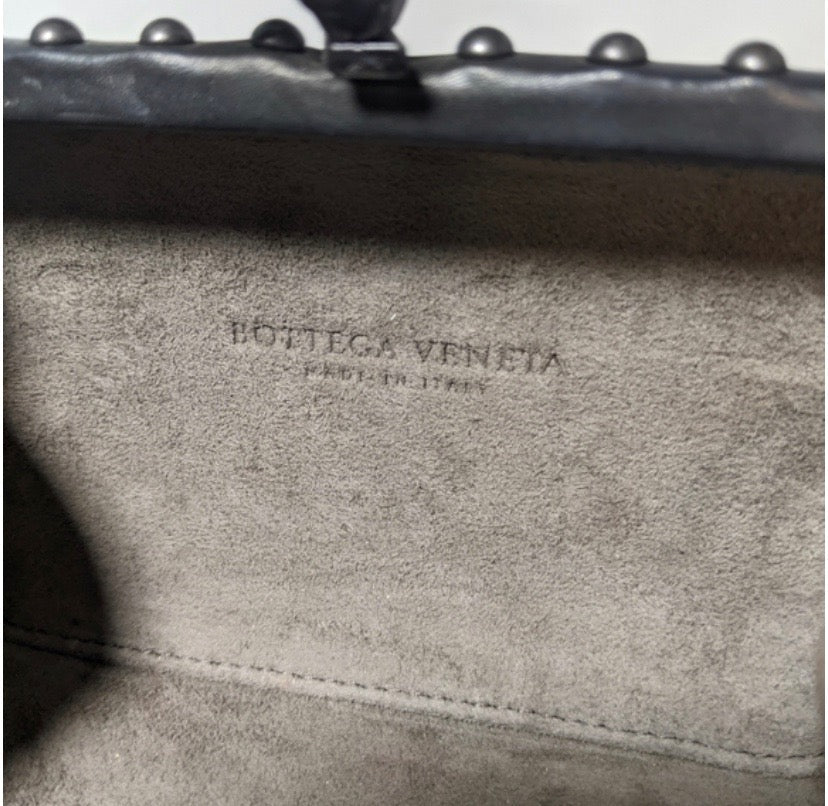 BOTTEGA VENETA WAXY NAPPA INTRECCIATO KNOT STUDDED CLUTCH BAG
