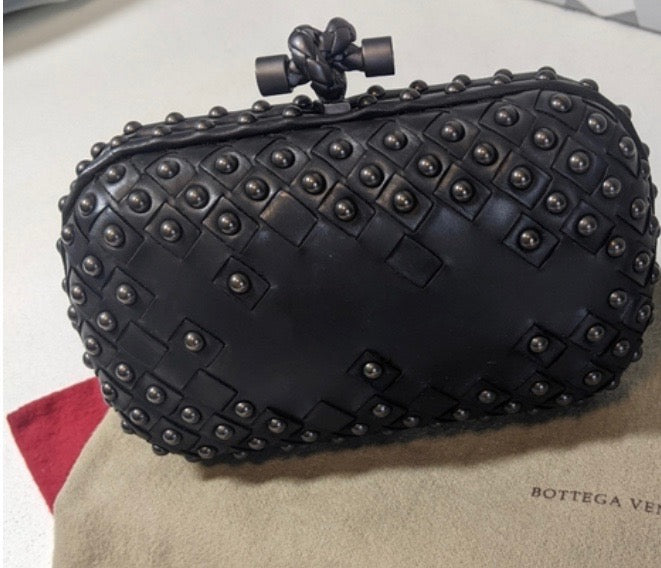 BOTTEGA VENETA WAXY NAPPA INTRECCIATO KNOT STUDDED CLUTCH BAG