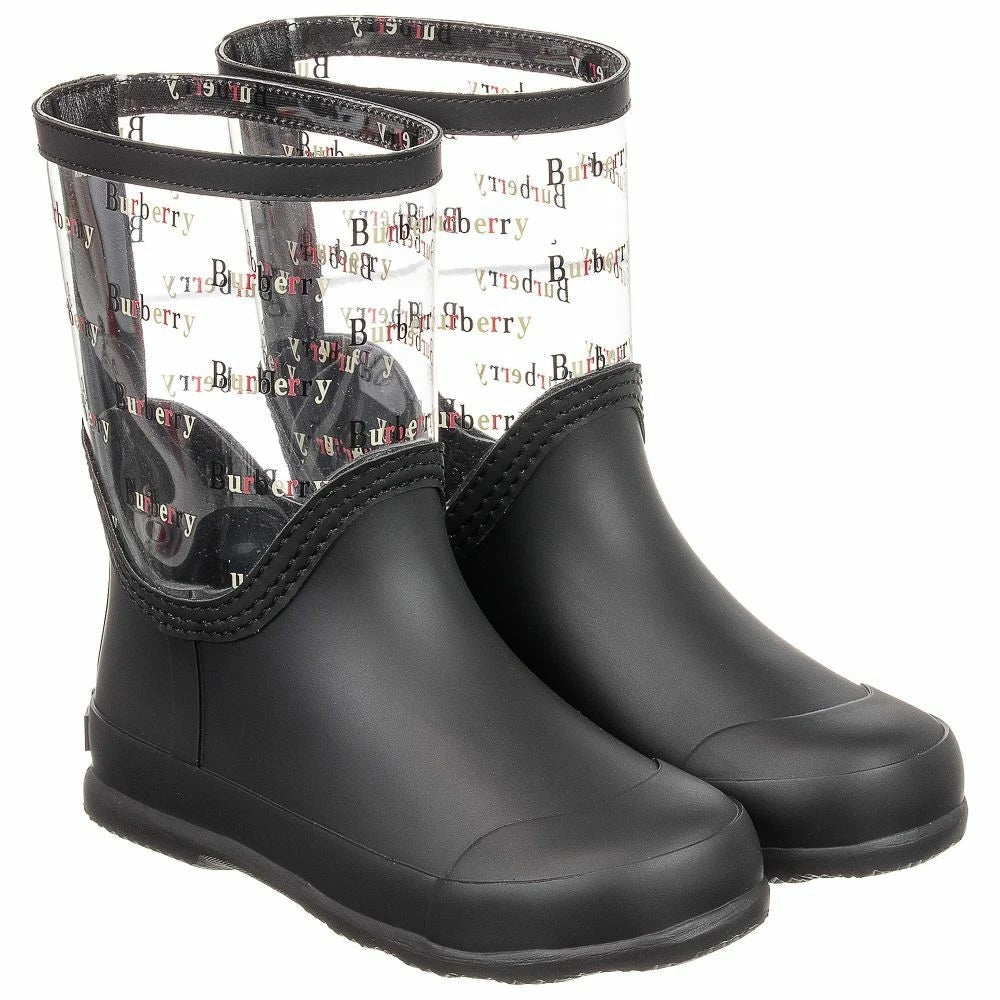 BURBERRY GIRLS FROSTY BLACK LOGO CLEAR PVC RAIN BOOTS