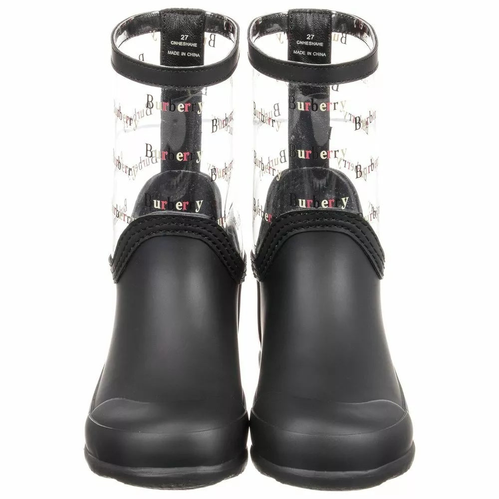 BURBERRY GIRLS FROSTY BLACK LOGO CLEAR PVC RAIN BOOTS