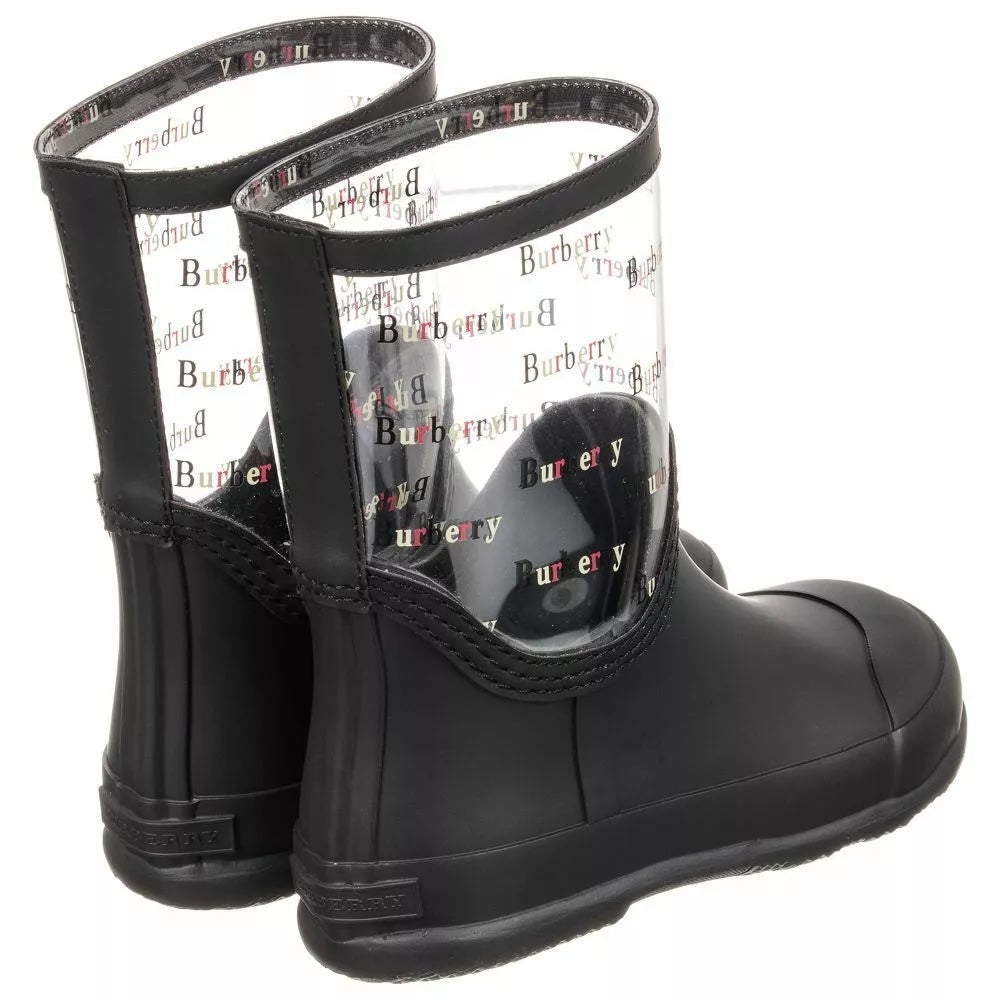BURBERRY GIRLS FROSTY BLACK LOGO CLEAR PVC RAIN BOOTS