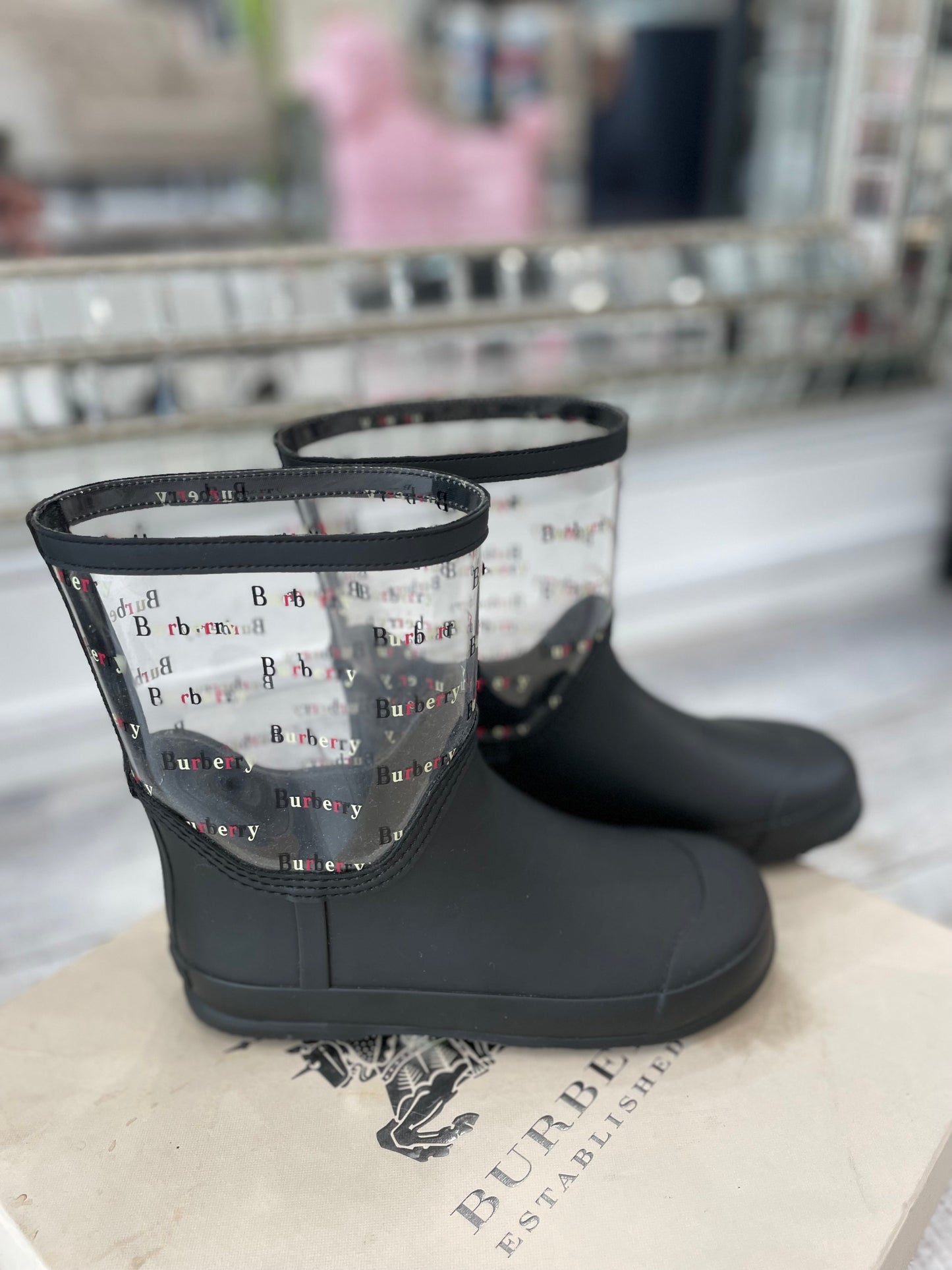 BURBERRY GIRLS FROSTY BLACK LOGO CLEAR PVC RAIN BOOTS