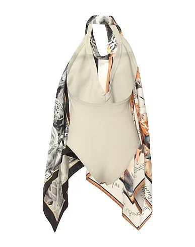 BURBERRY GRAY MELANGE ANIMALIA PRINT SILK BODYSUIT