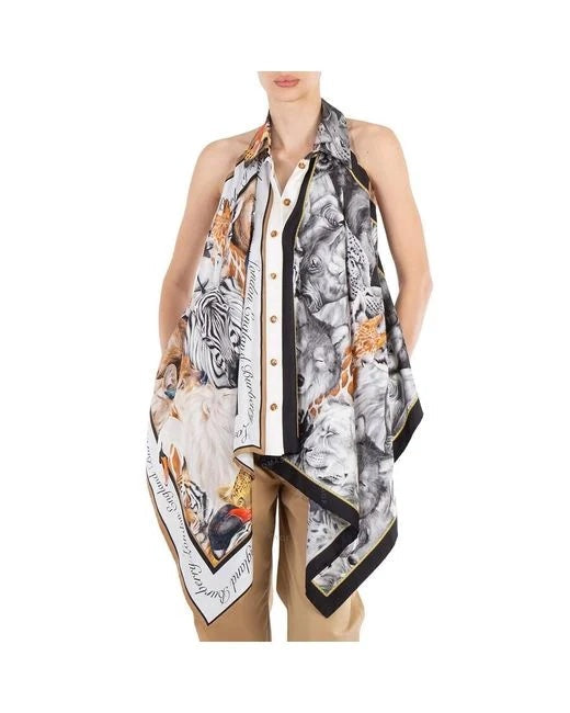 BURBERRY GRAY MELANGE ANIMALIA PRINT SILK BODYSUIT