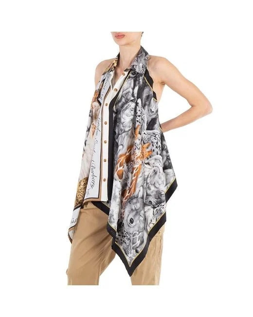 BURBERRY GRAY MELANGE ANIMALIA PRINT SILK BODYSUIT