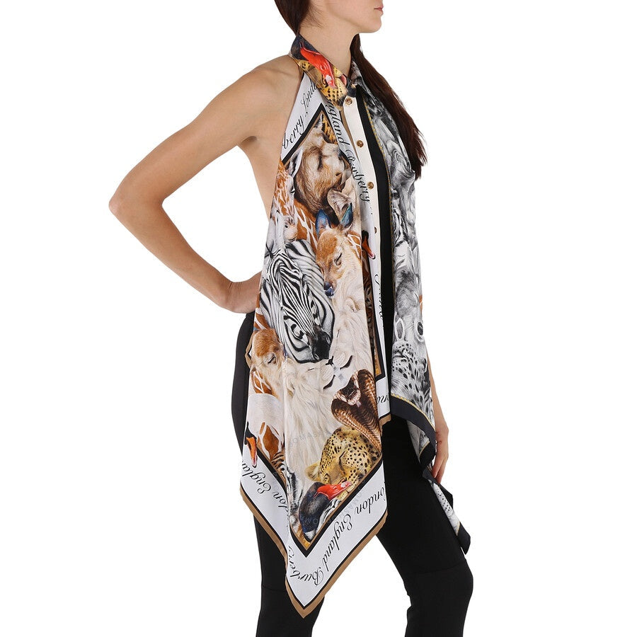 BURBERRY GRAY MELANGE ANIMALIA PRINT SILK BODYSUIT