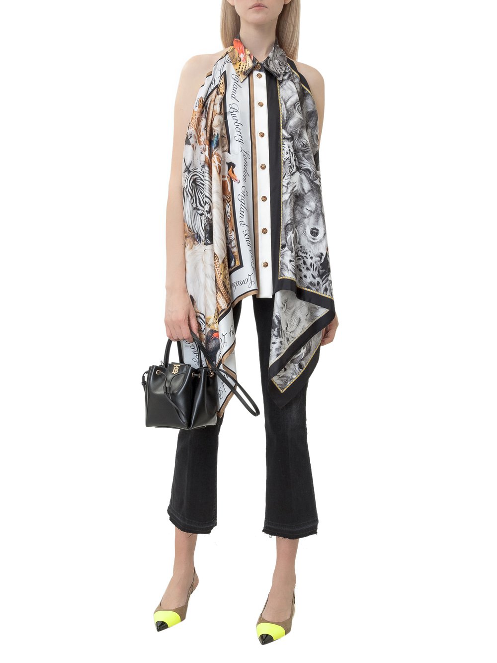 BURBERRY GRAY MELANGE ANIMALIA PRINT SILK BODYSUIT