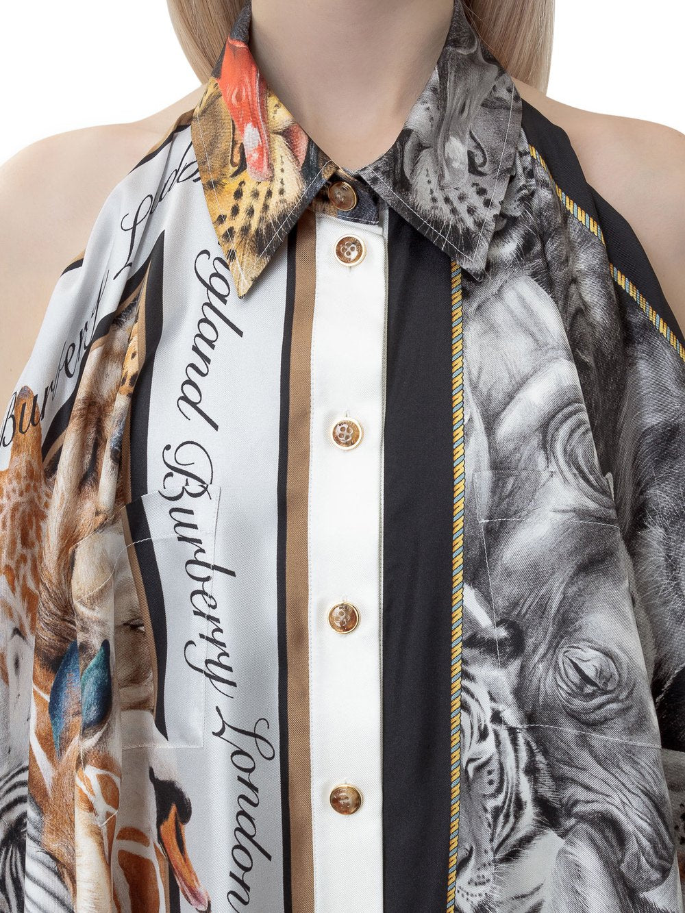BURBERRY GRAY MELANGE ANIMALIA PRINT SILK BODYSUIT