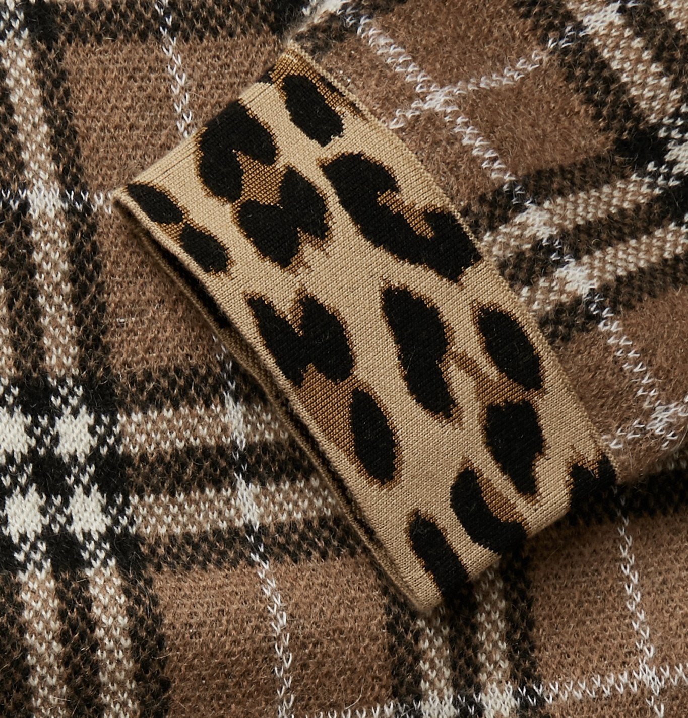 BURBERRY LEOPARD TRIMMED CHECKED JACQUARD KNIT SWEATER