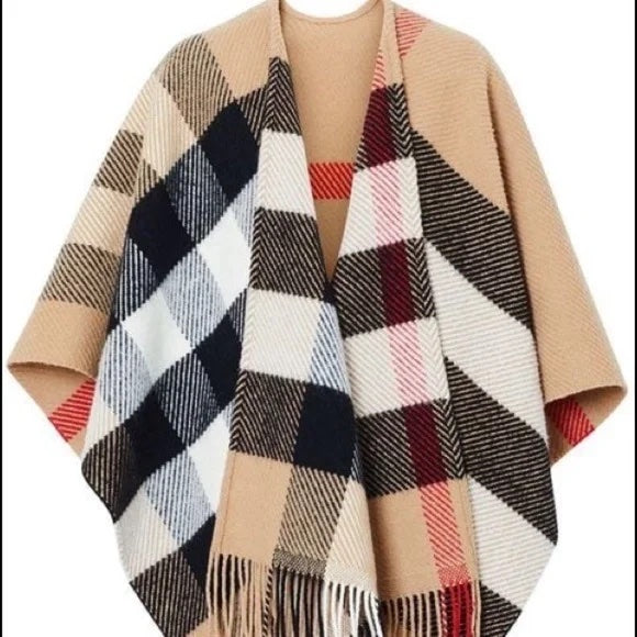 BURBERRY COLLETTE CHECK FRINGE WOOL CASHMERE CAPE