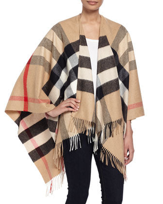 BURBERRY COLLETTE CHECK FRINGE WOOL CASHMERE CAPE