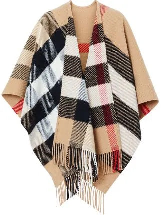 BURBERRY COLLETTE CHECK FRINGE WOOL CASHMERE CAPE
