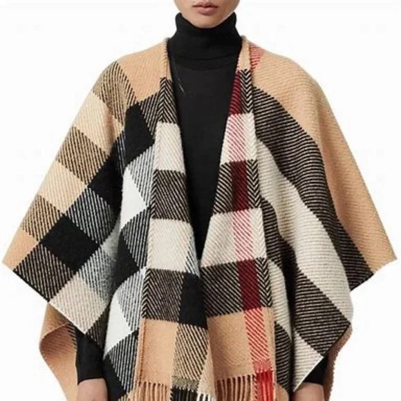 BURBERRY COLLETTE CHECK FRINGE WOOL CASHMERE CAPE