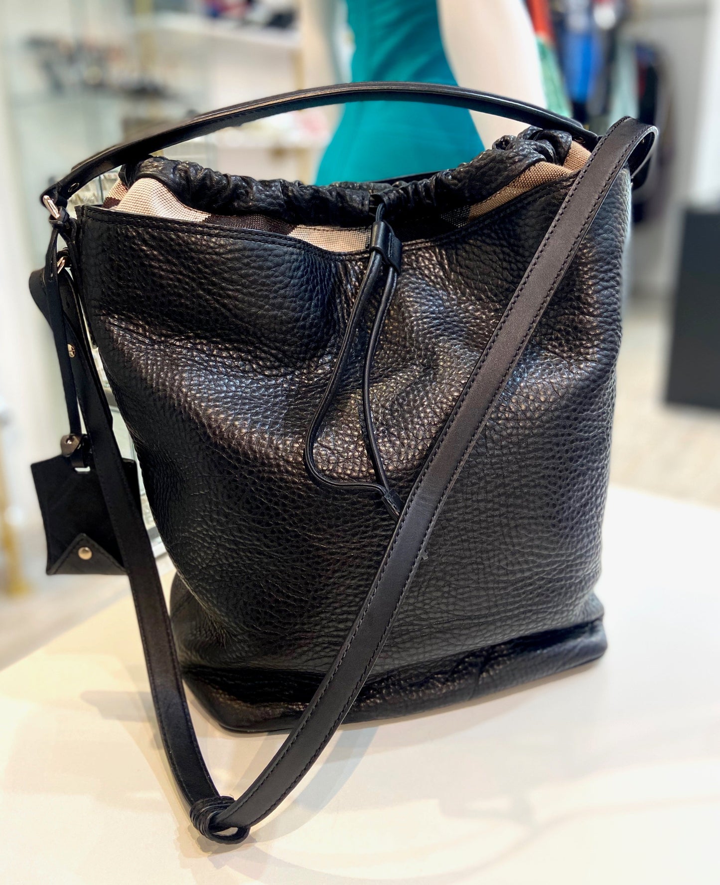 BURBERRY PEBBLED LEATHER HOUSE CHECK ASHBY HOBO BAG