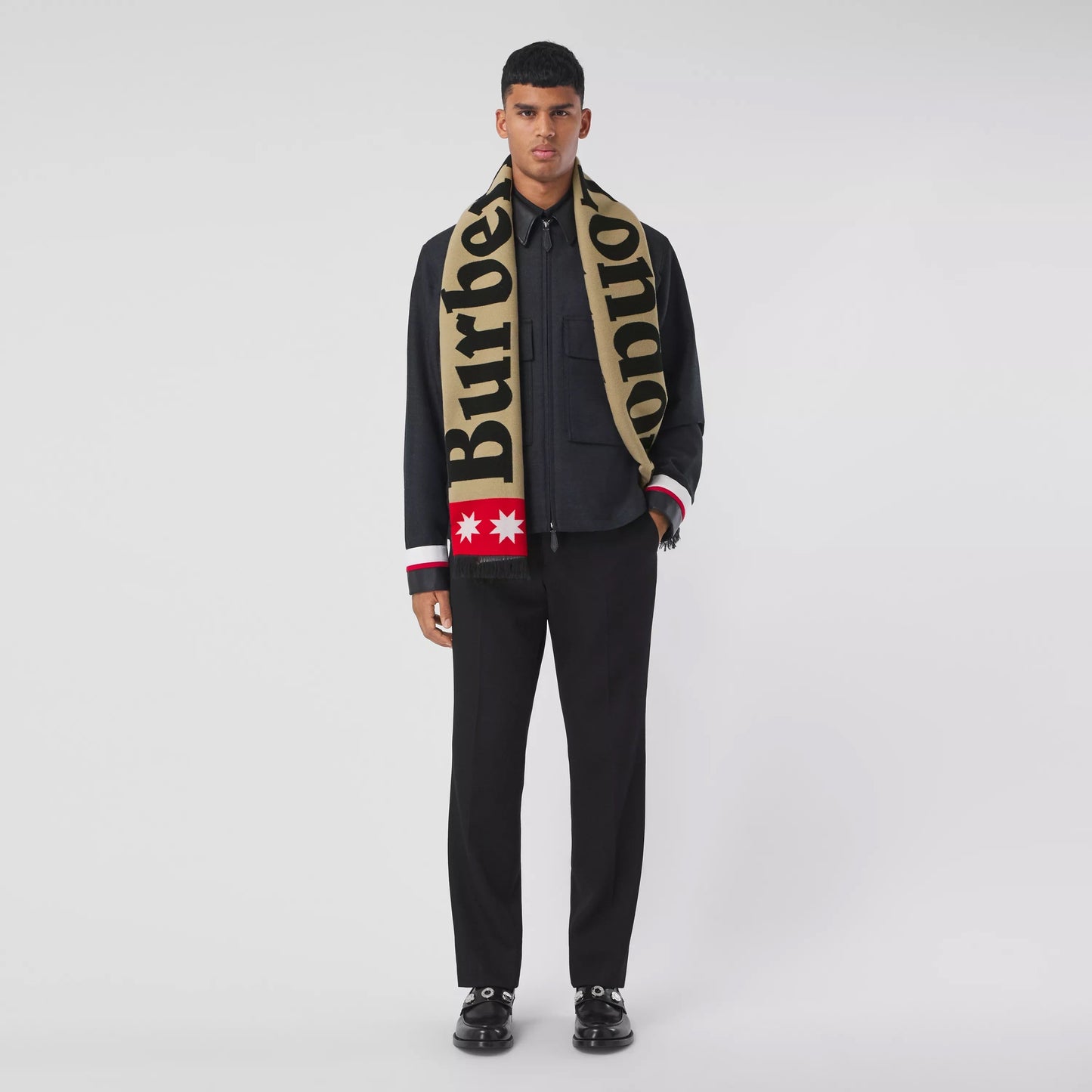 BURBERRY LOGO WOOL SILK JACQUARD SCARF
