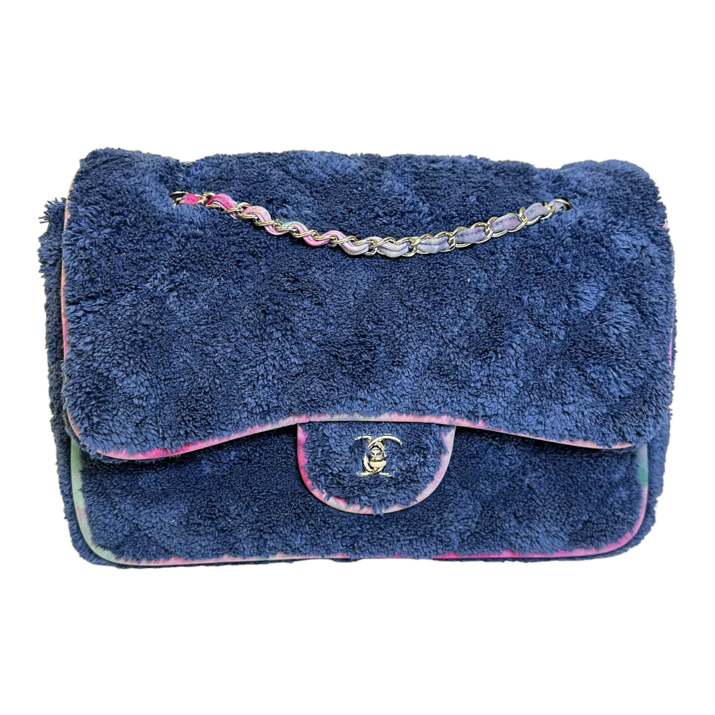 Chanel Terry Cloth Quilted Large Flap Bag Navy Blue