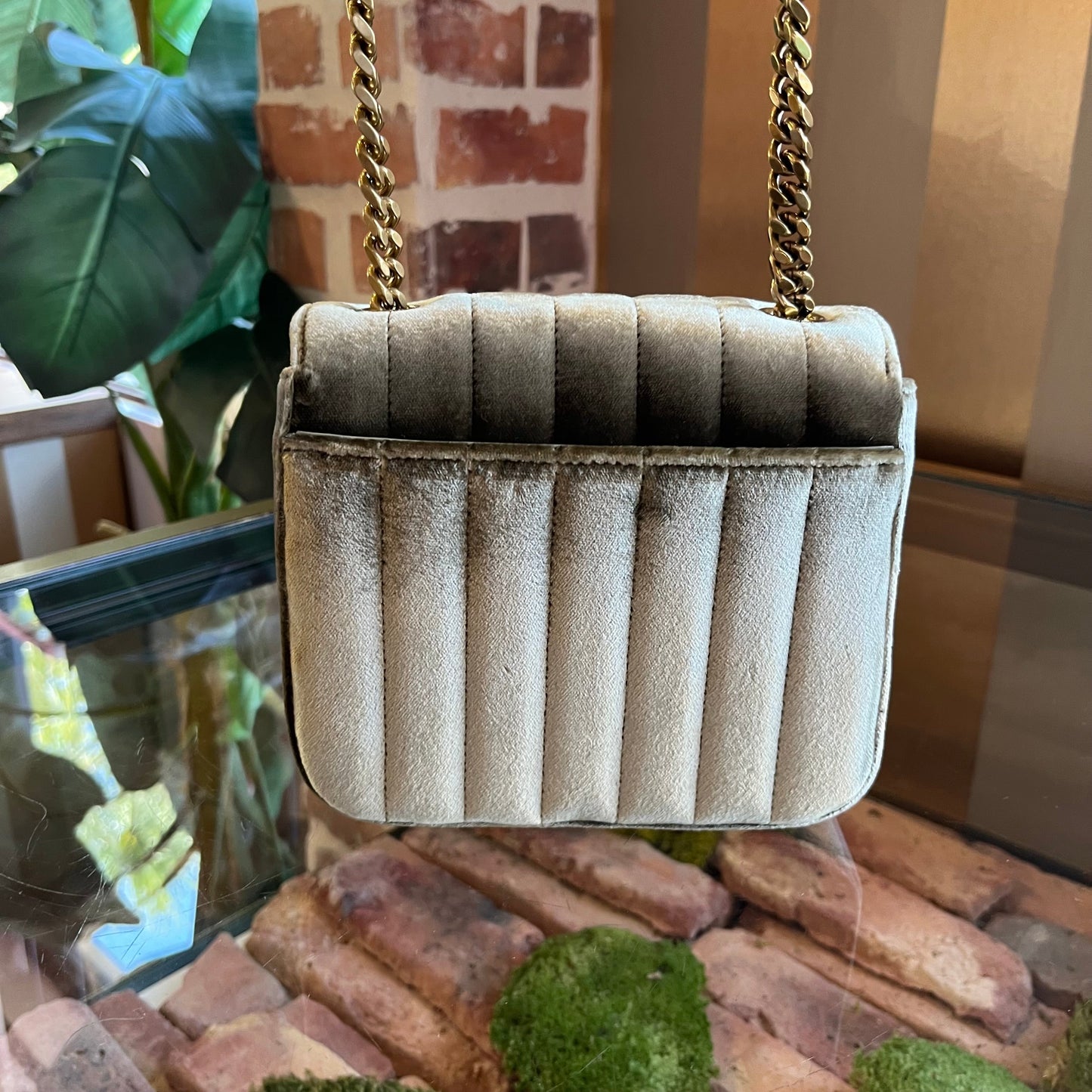SAINT LAURENT Vicky Mini Olive Green Velvet Shoulder Bag