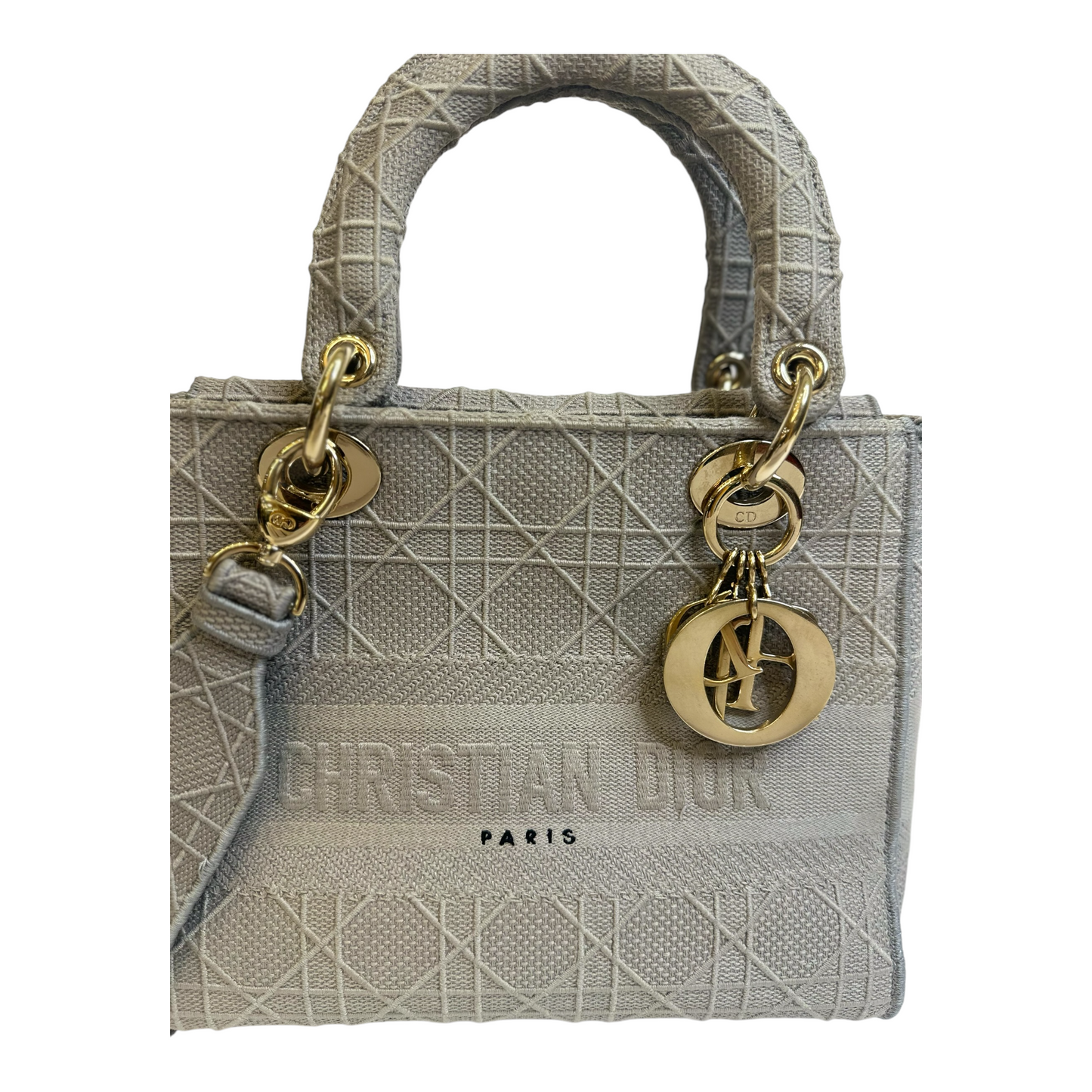 Christian Dior Canvas Embroidered Cannage Medium Lady D-Lite Gray
