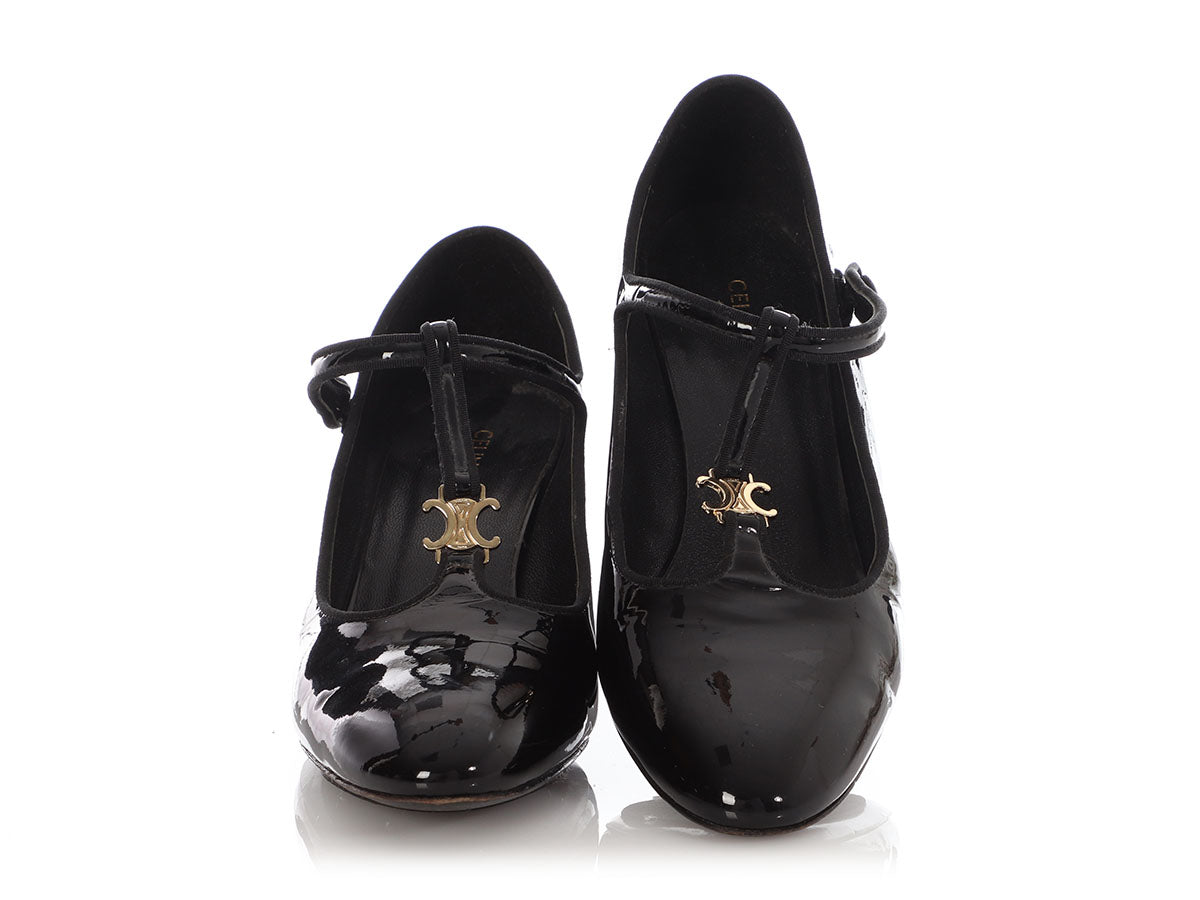 Celine Black Patent Babies T-Bar Pumps