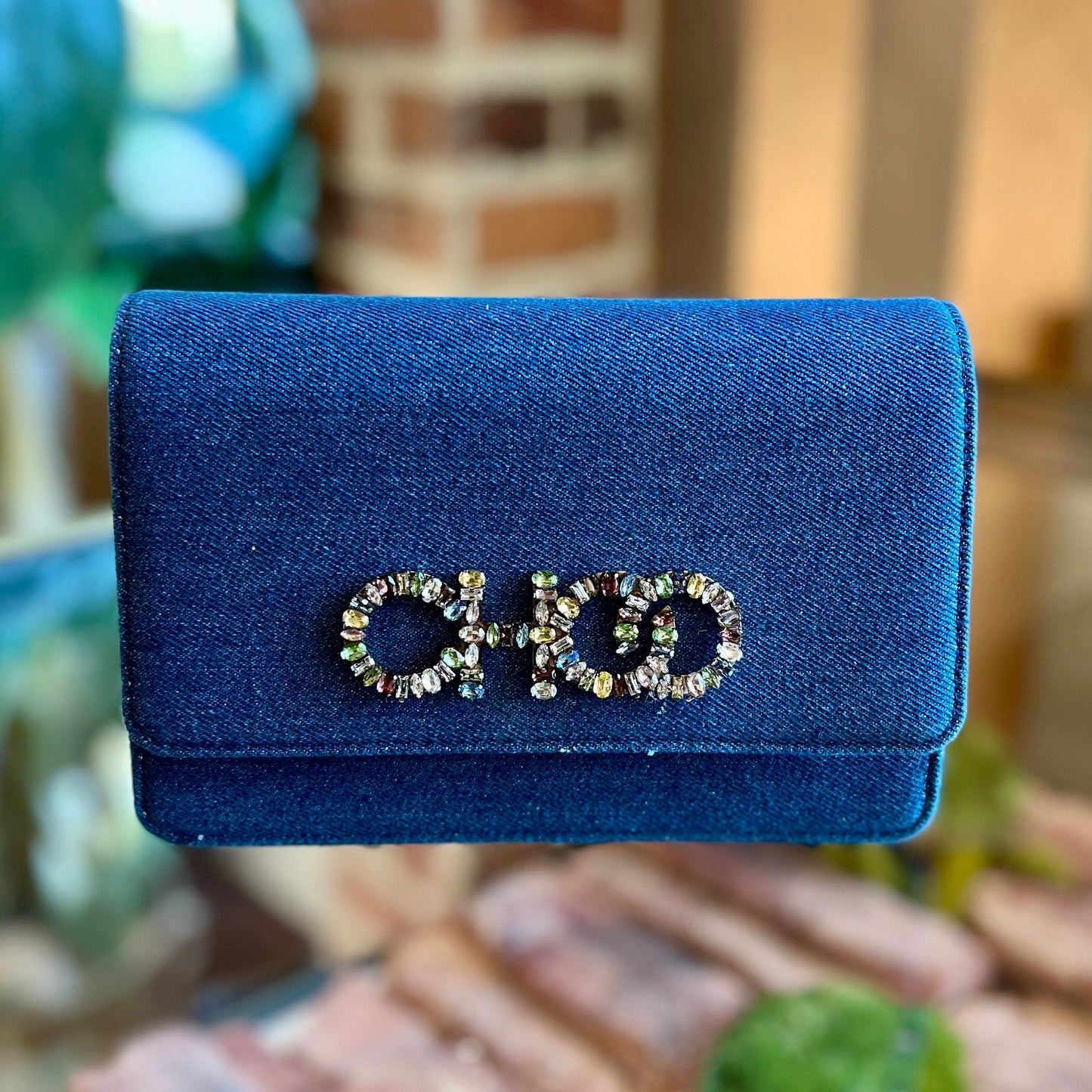 JIMMY CHOO Kalina Denim Crystal Wallet On Chain TS3846