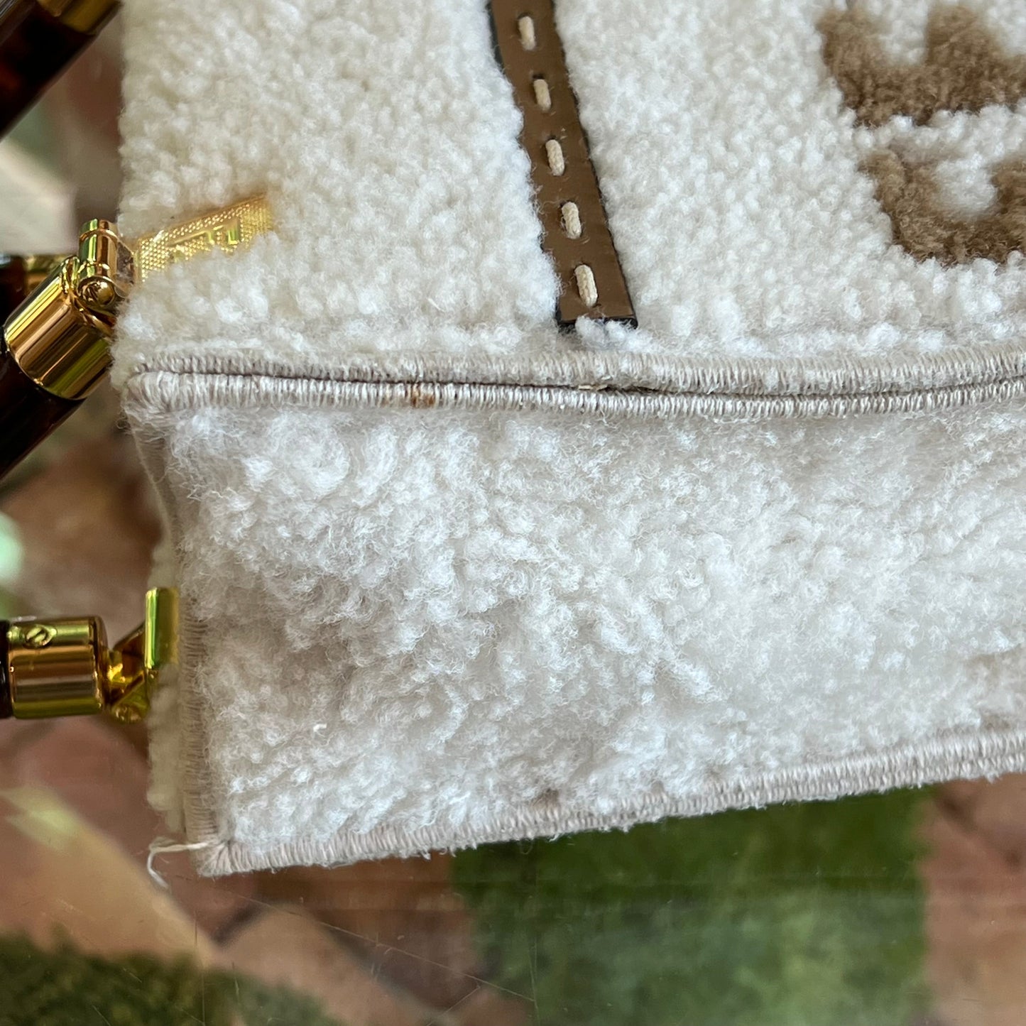 FENDI Sunshine Mini White Taupe Shearling Vitello King Plexiglass Logo Tote Bag