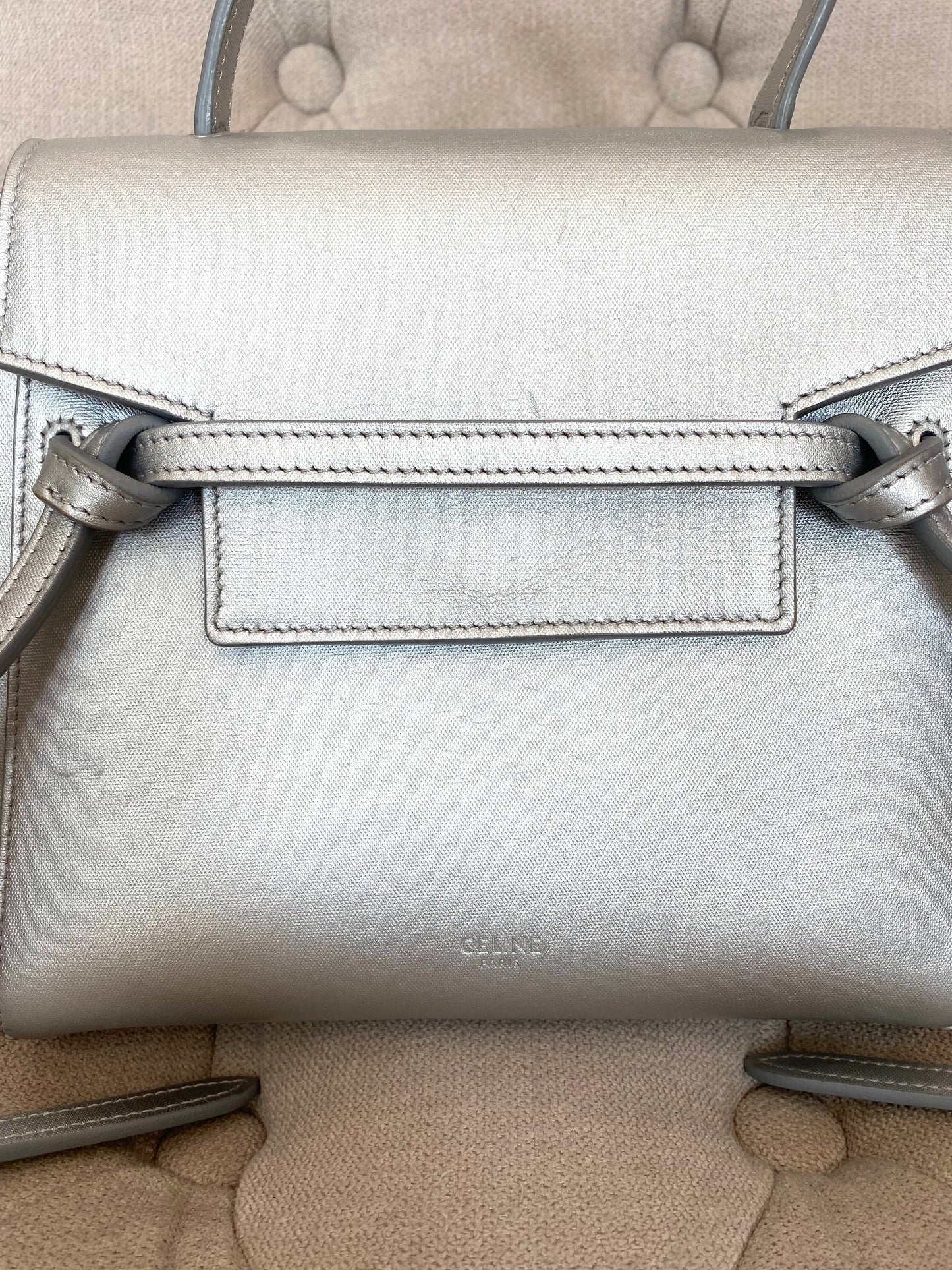 CÉLINE METALLIC SILVER LAMINATED CALFSKIN NANO BELT BAG
