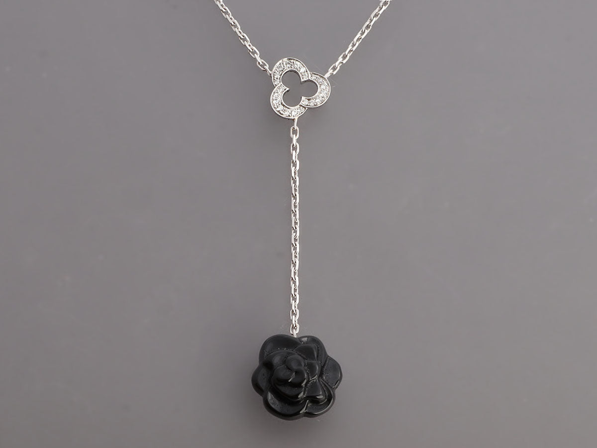 Chanel 18K White Gold Diamond and Black Onyx CamÃ©lia SculptÃ© Drop Necklace