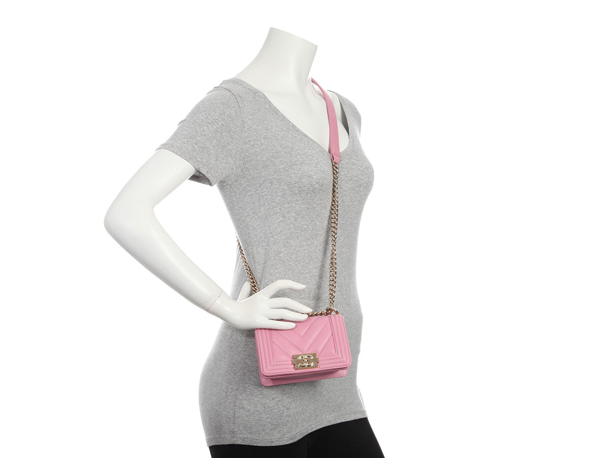 Chanel Micro Mini Rose Chevron-Quilted Lambskin Boy Bag