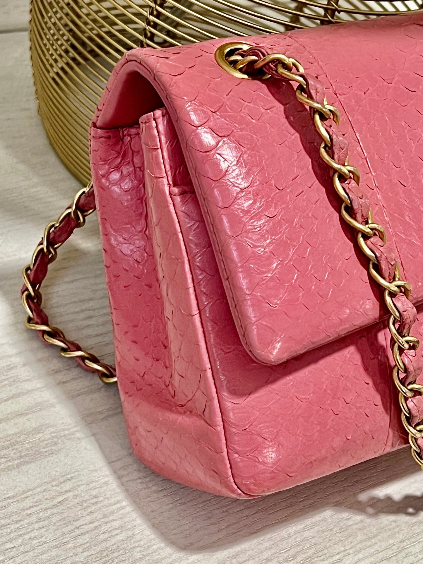 CHANEL 2.55 CLASSIC FLAP MEDIUM PINK PYTHON SHOULDER BAG