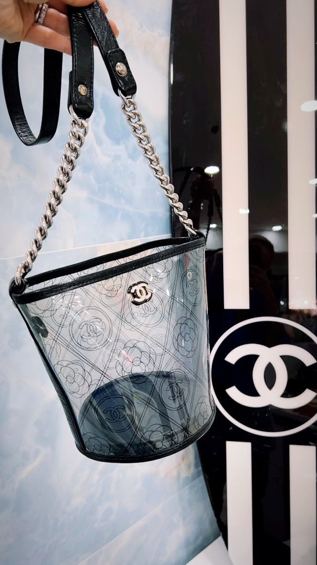 CHANEL CRUMPLED CALFSKIN PVC CAMELLIA BUCKET BAG