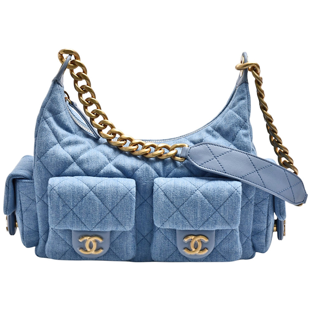 CHANEL LARGE CARGO QUILTED WASHED DENIM HOBO BAG