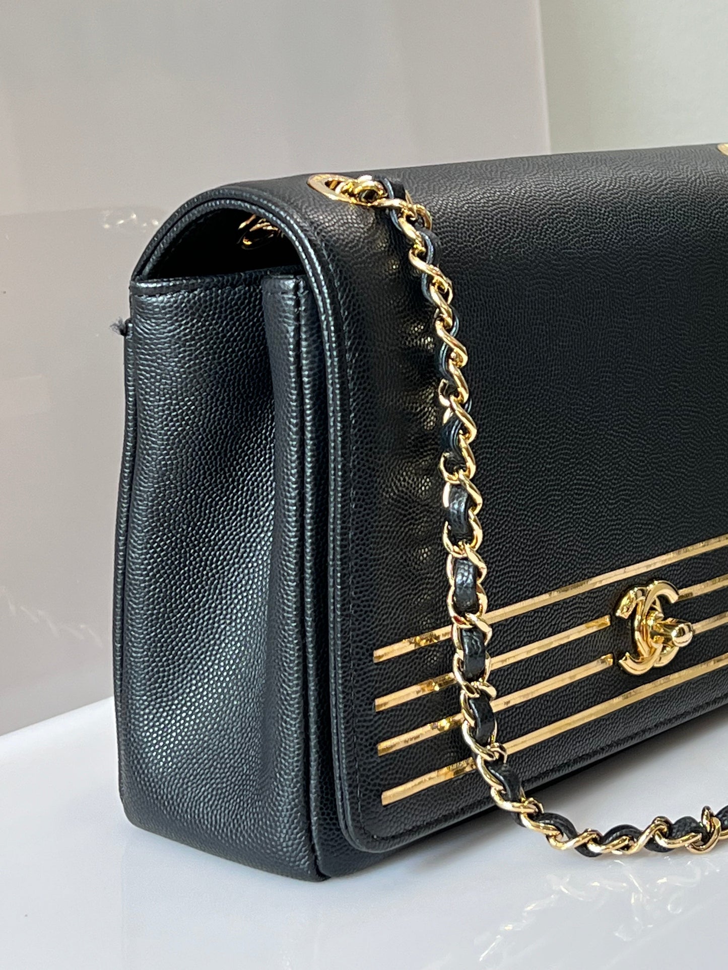 CHANEL MEDIUM CAPTAIN GOLD EMBROIDERED CAVIAR FLAP BAG