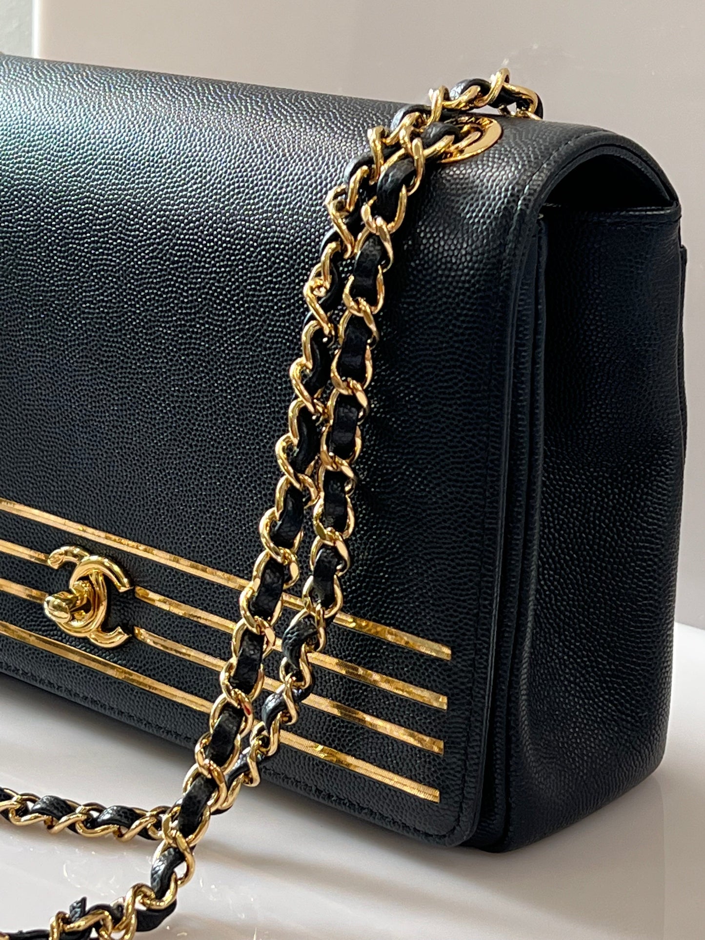 CHANEL MEDIUM CAPTAIN GOLD EMBROIDERED CAVIAR FLAP BAG
