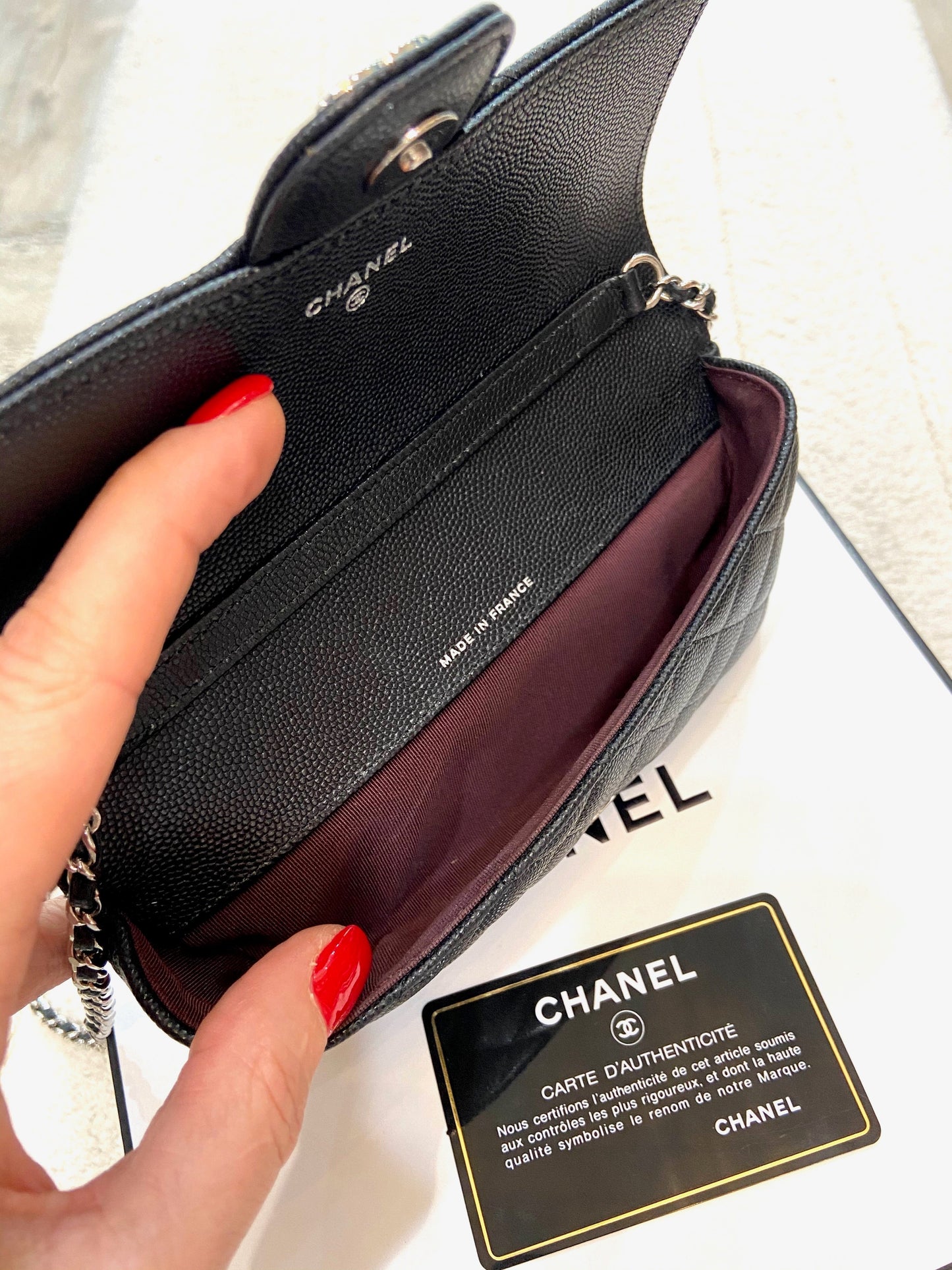 CHANEL CAVIAR QUILTED GLASSES CELL PHONE CASE WITH CHAIN