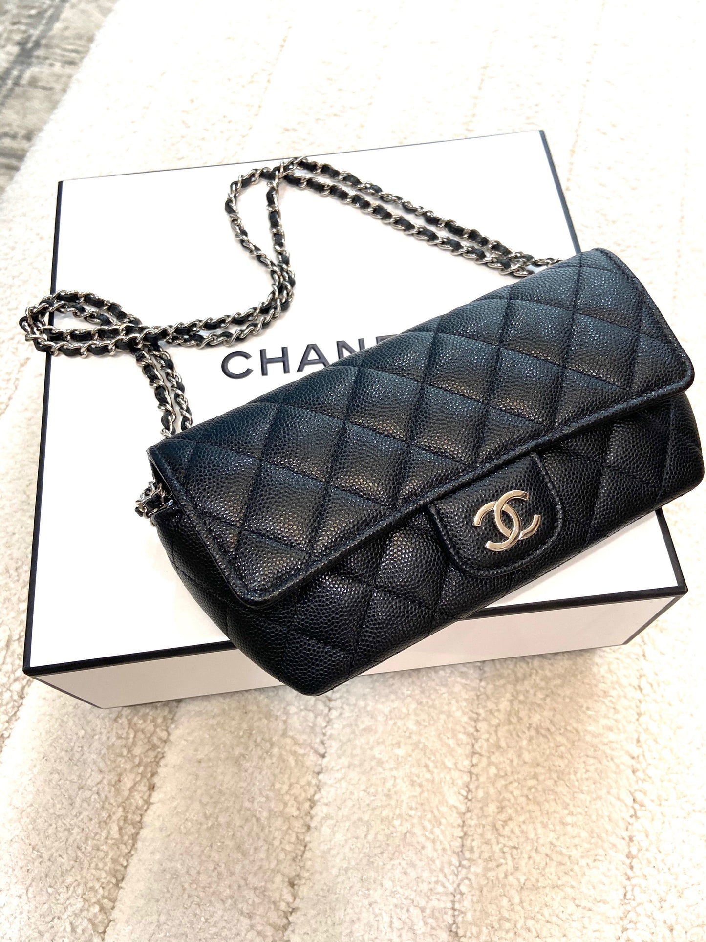CHANEL CAVIAR QUILTED GLASSES CELL PHONE CASE WITH CHAIN