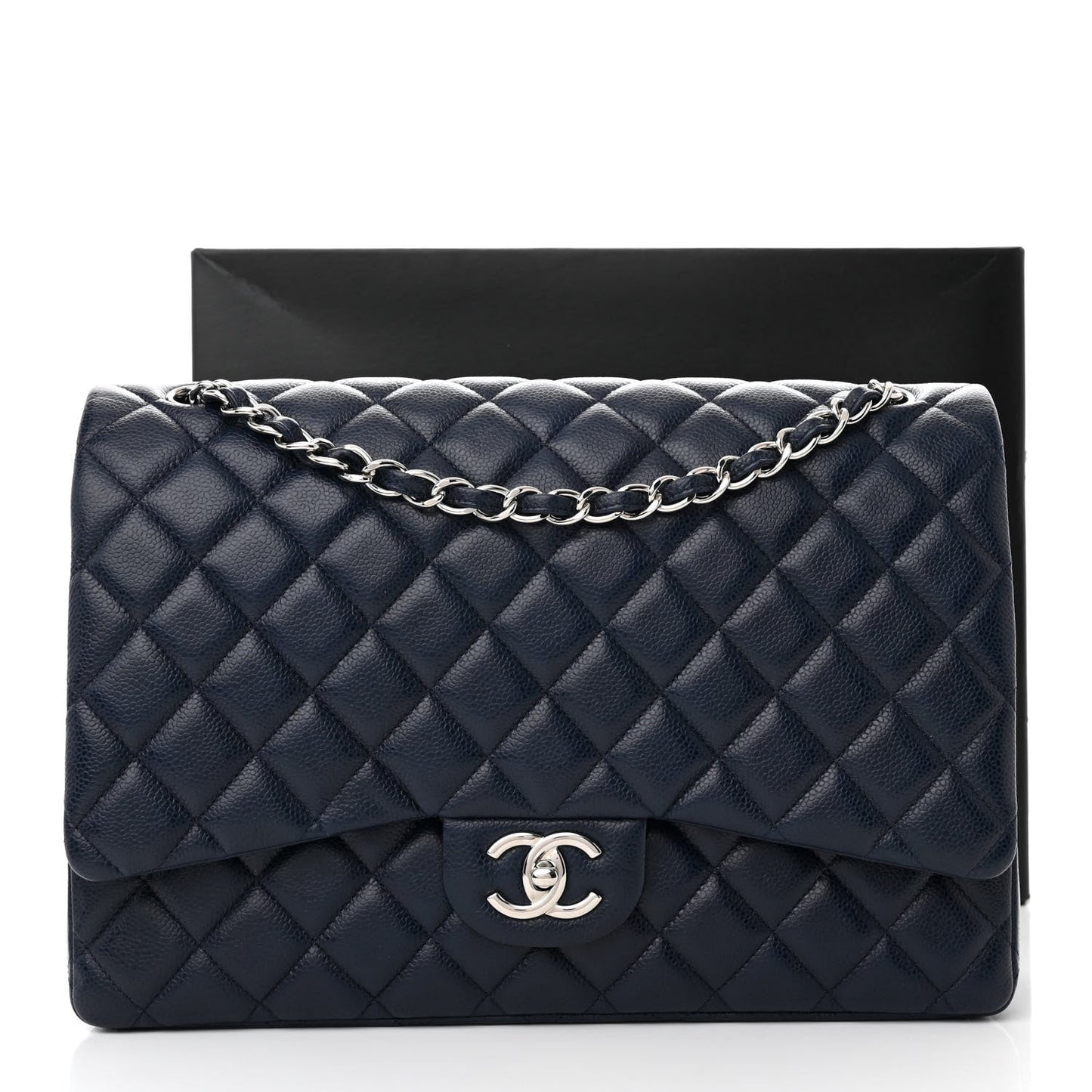 CHANEL CAVIAR QUILTED MAXI DOUBLE FLAP BAG IN NAVY
