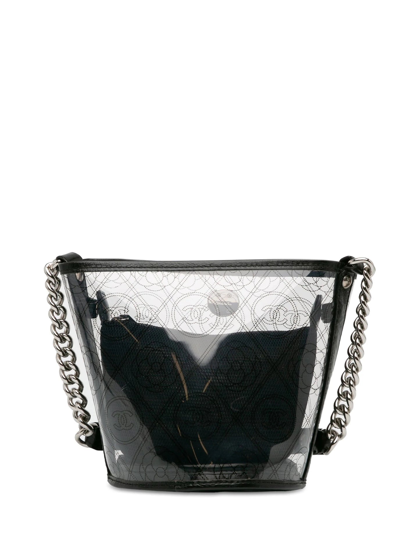 CHANEL CRUMPLED CALFSKIN PVC CAMELLIA BUCKET BAG