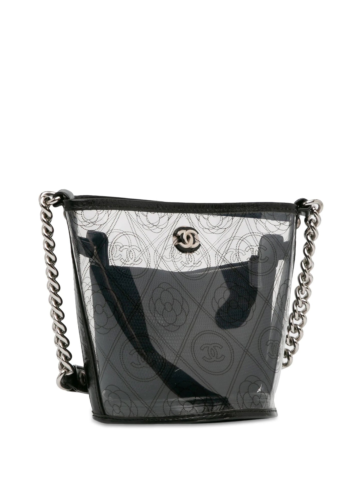 CHANEL CRUMPLED CALFSKIN PVC CAMELLIA BUCKET BAG