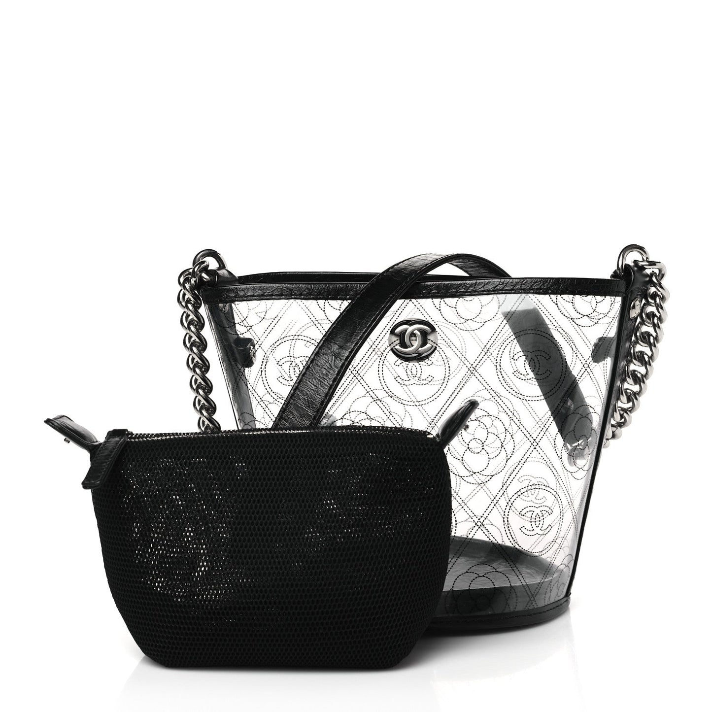 CHANEL CRUMPLED CALFSKIN PVC CAMELLIA BUCKET BAG